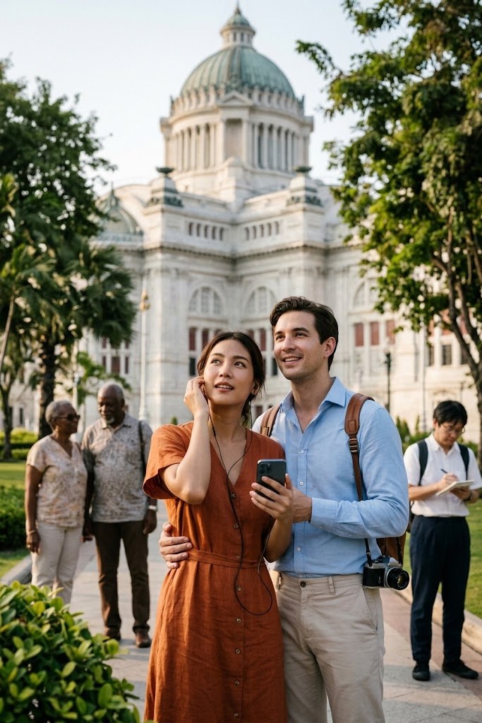 Couple on a self-guided visit at Ananta Samakhom Throne Hall — Bangkok audio guide on a smartphone