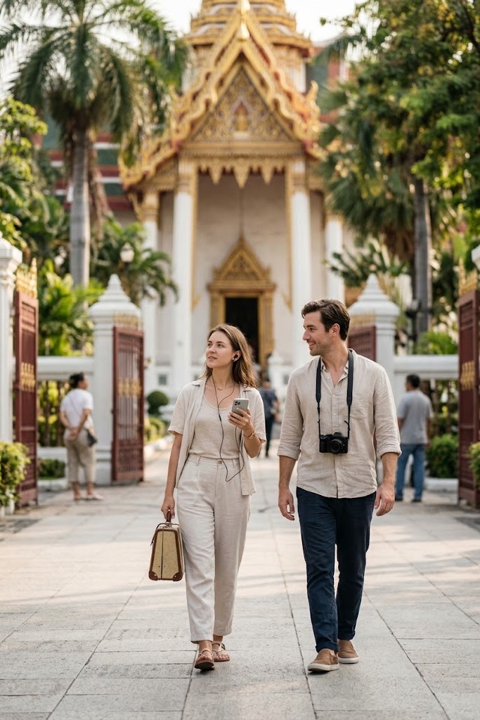 Couple in front of a Bangkok temple, audio guide on a smartphone — Siamnity cultural audio guide