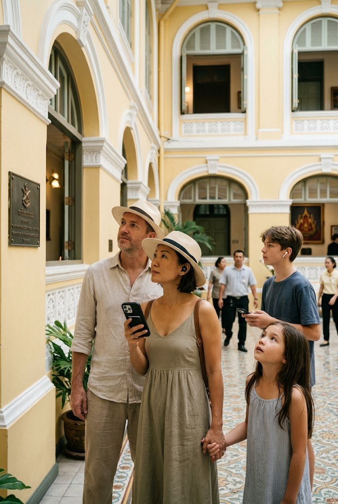 Family in a colonial-era courtyard in Phra Nakhon — Bangkok architecture