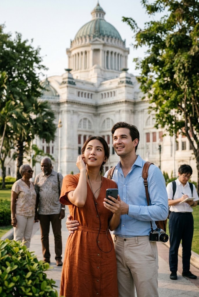 Couple listening to an audio tour in front of Ananta Samakhom Throne Hall — Bangkok audio guide