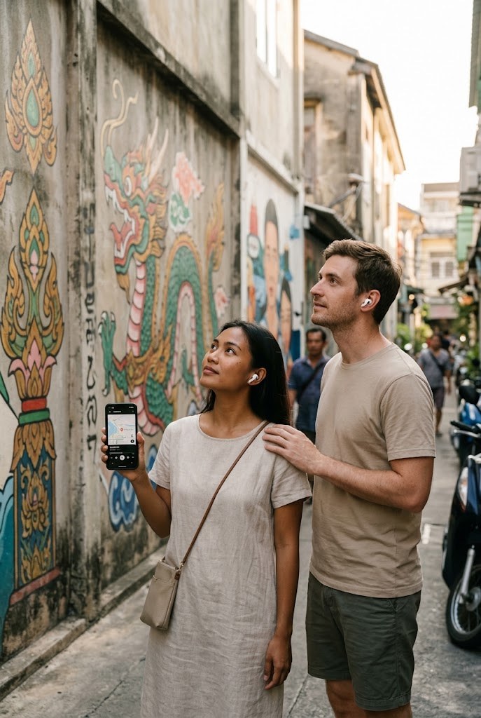 Couple in front of temple murals — Bangkok audio guide, walking tour