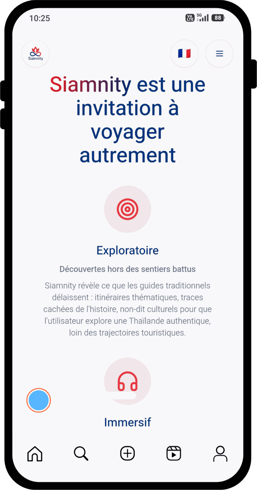 Screen reading “an invitation to travel differently”, exploratory and immersive modes — cultural audio guide