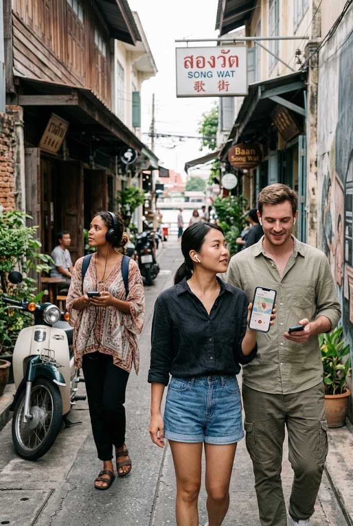Visitors in a Chinatown alley — self-guided walking tour of Bangkok's Chinatown