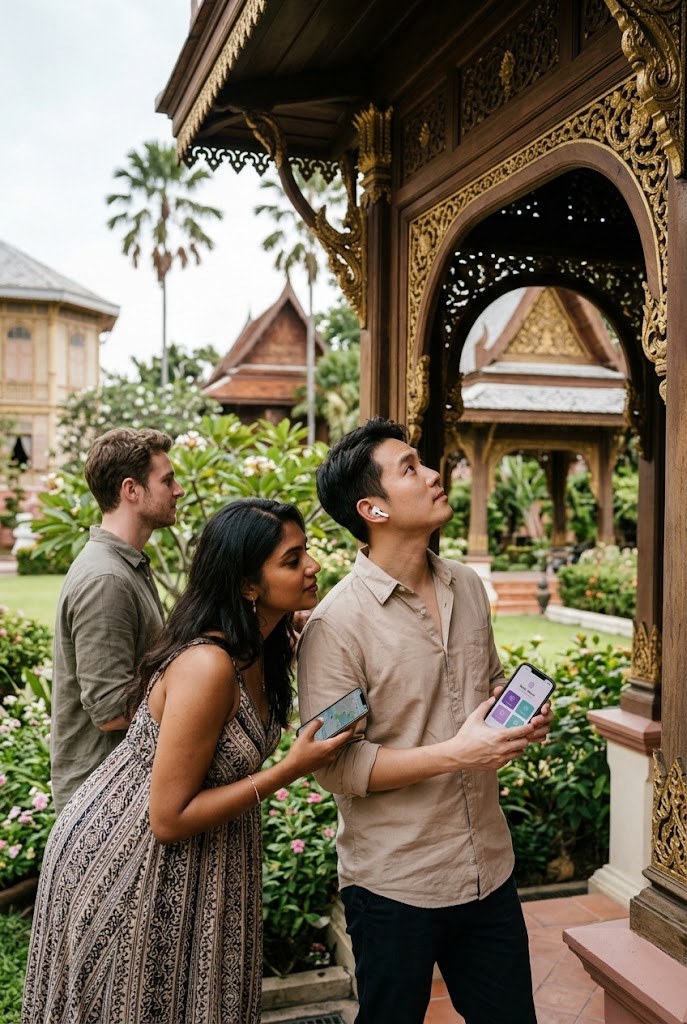 Couple in front of a teak pavilion in the Dusit district — discovering Bangkok differently
