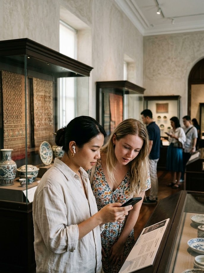 Two visitors discussing a museum piece — immersive cultural experience in Bangkok