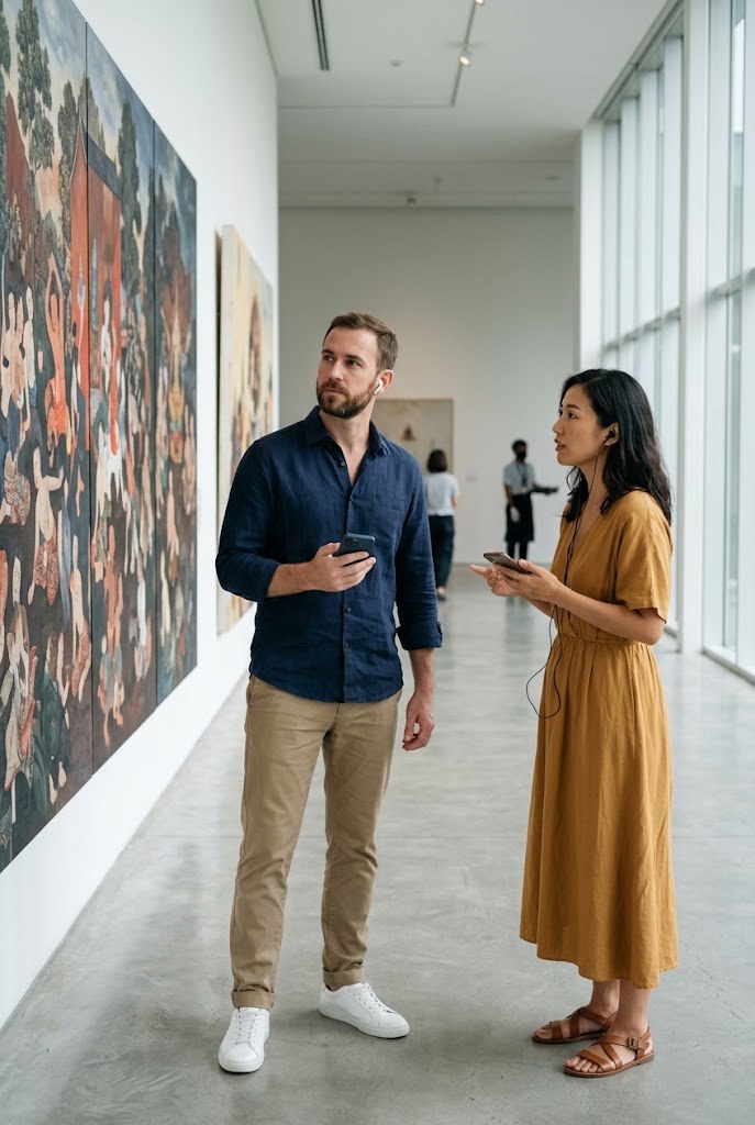 Visitor in front of a large canvas in a Bangkok museum — Bangkok museums with an audio guide