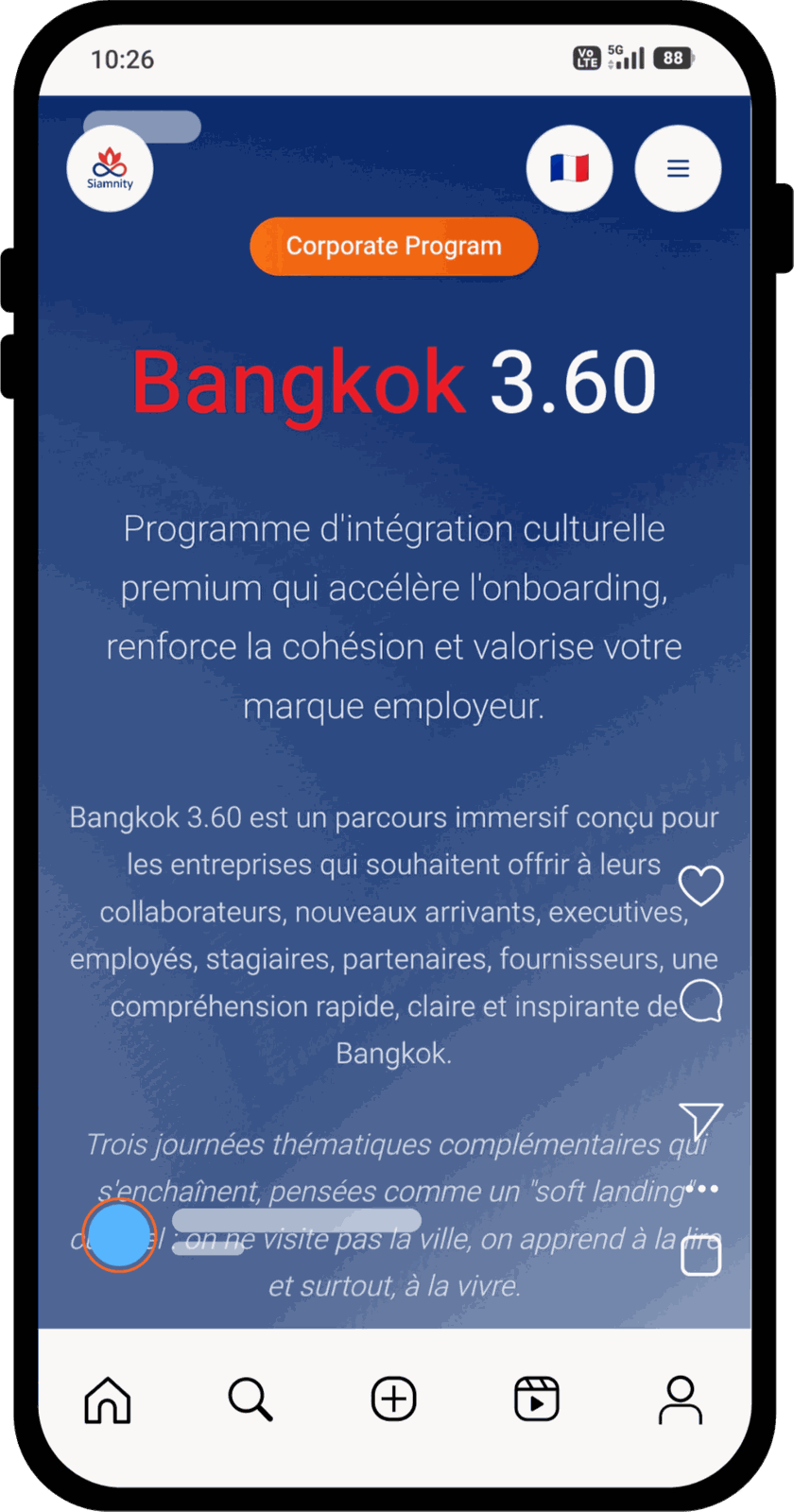 Bangkok 3.60 home screen, cultural onboarding programme — corporate cultural onboarding