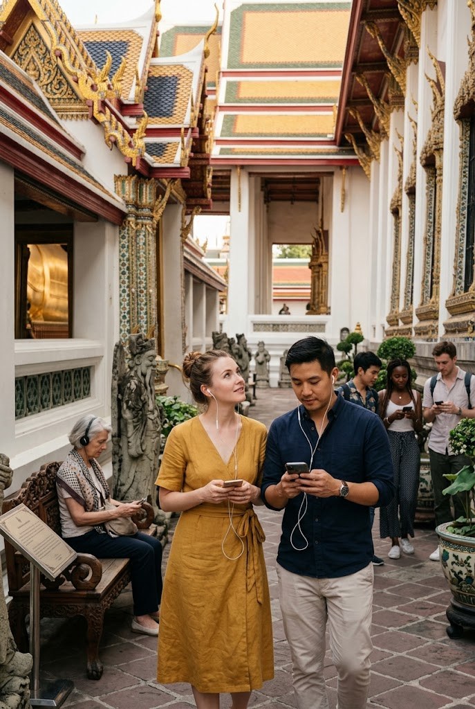 Visitors resting inside a temple compound — Bangkok audio tour, at your own pace