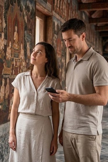 Couple in front of temple murals — Bangkok cultural heritage narrated in audio