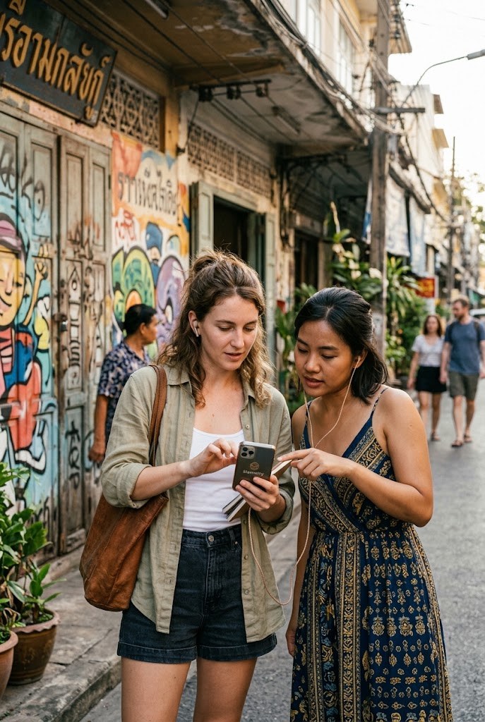 Two visitors in front of a street art mural — Bangkok street art, the Talat Noi route