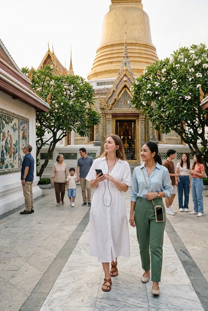 Two visitors walking towards a golden temple — Bangkok walking tour led by audio