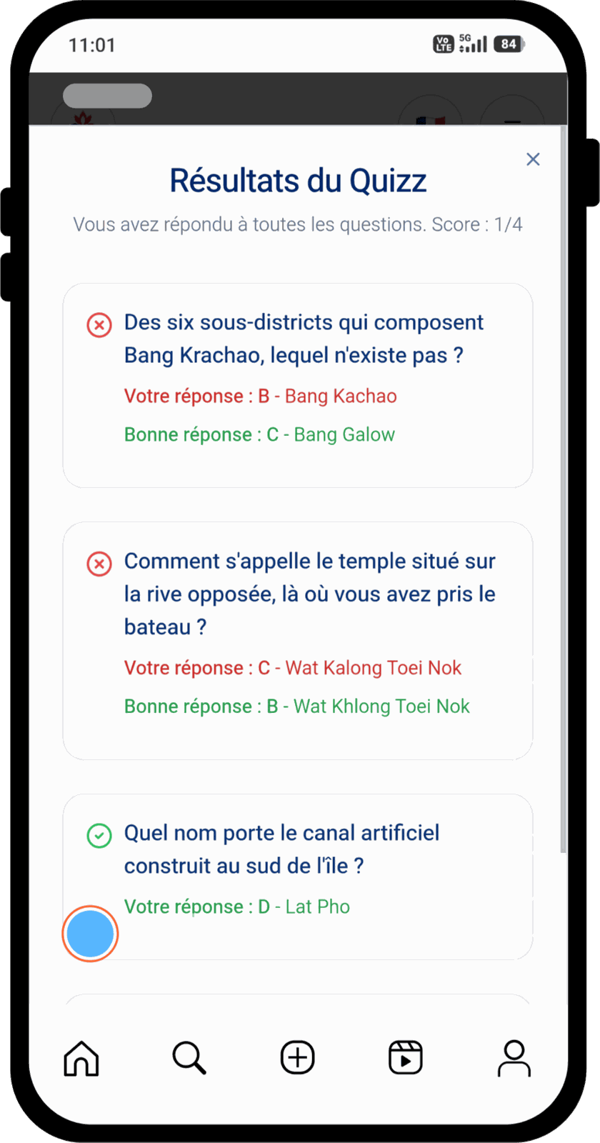 Heritage quiz results screen — Bangkok audio tour, learning while exploring