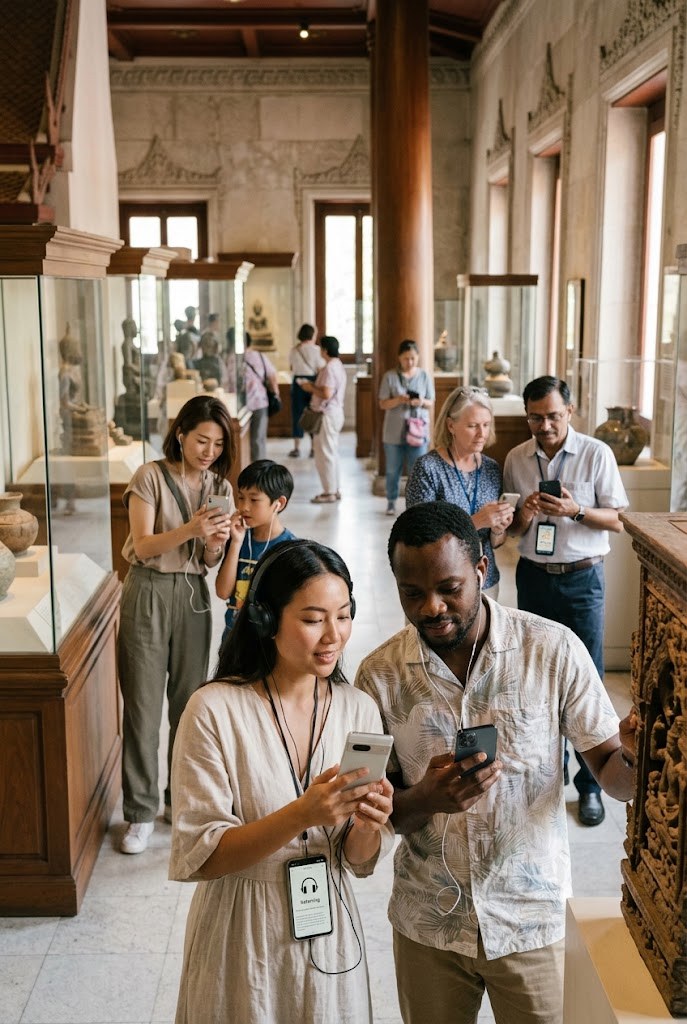 Visitors in front of display cases in a Bangkok museum — self-guided cultural visit in Bangkok