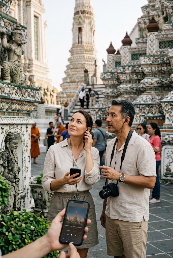 Couple at the foot of the prangs of Wat Arun — immersive Bangkok tour with an audio guide