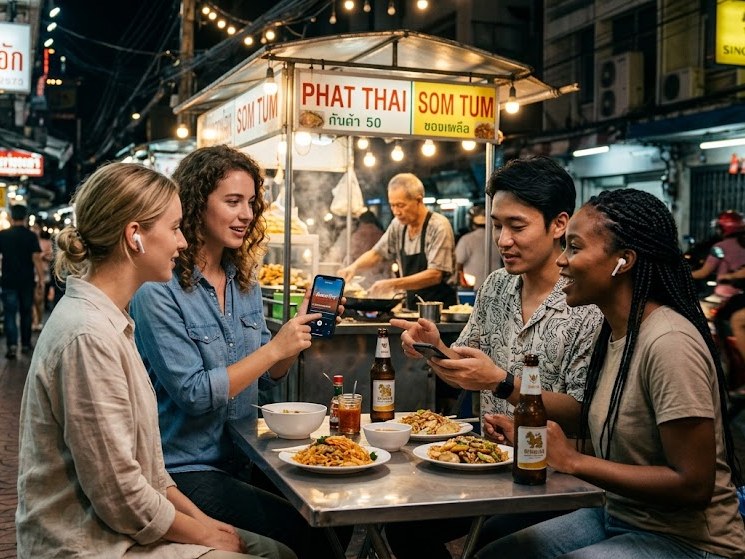 Group at a street food stall comparing itineraries — Bangkok audio tours