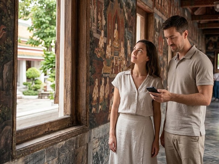 Two visitors making out a carved detail — cultural audio guide: listen, look, play