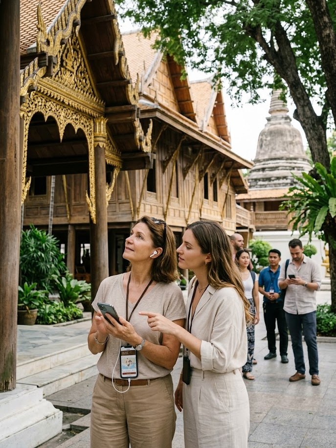 Scouting a teak pavilion with visitors — the mission of Rock Around Siam, explore before recounting