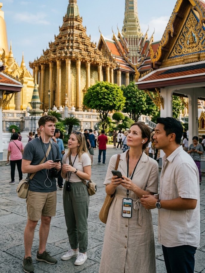 Visitors in front of the Grand Palace — the aim of Rock Around Siam, high-value cultural tourism