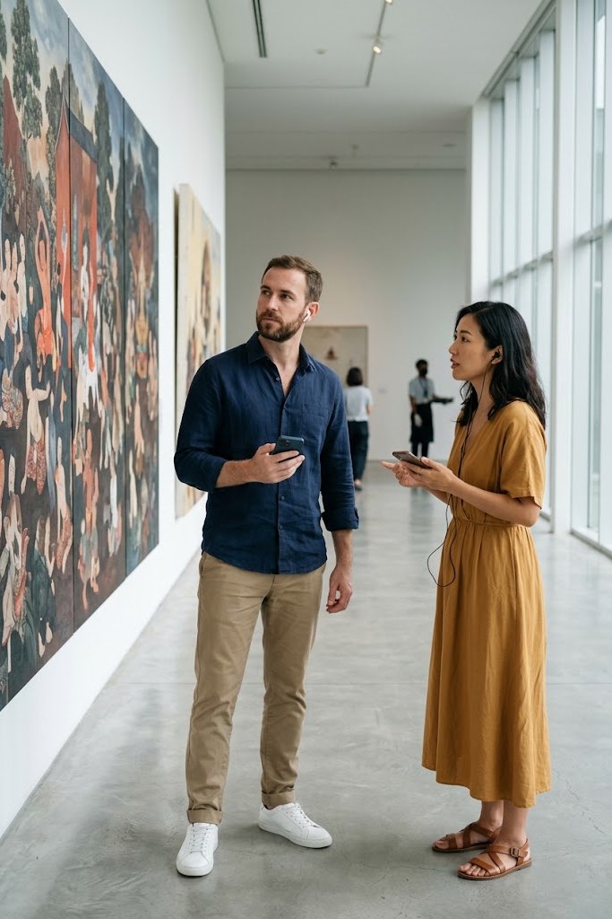 Two visitors in front of a work in a Bangkok art museum — self-guided audio tour of Bangkok
