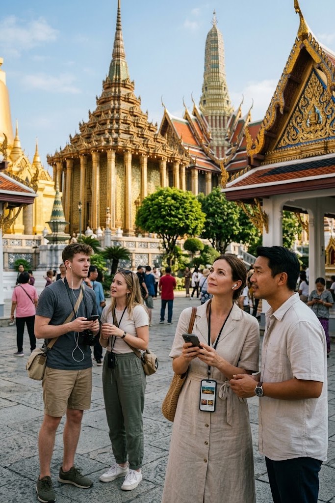 Visitors in front of the Grand Palace, headphones on — Bangkok cultural visit without a guide